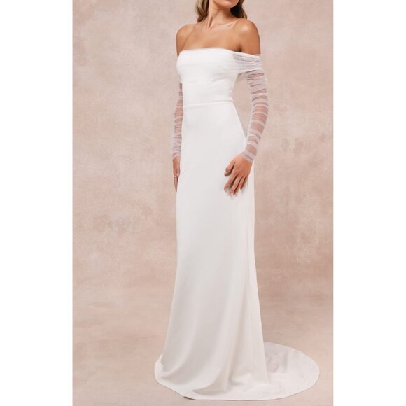 Lulus Beautifully Beloved White Mesh Off-the-Shoulder Dress with Train Sz  Med - Picture 1 of 16